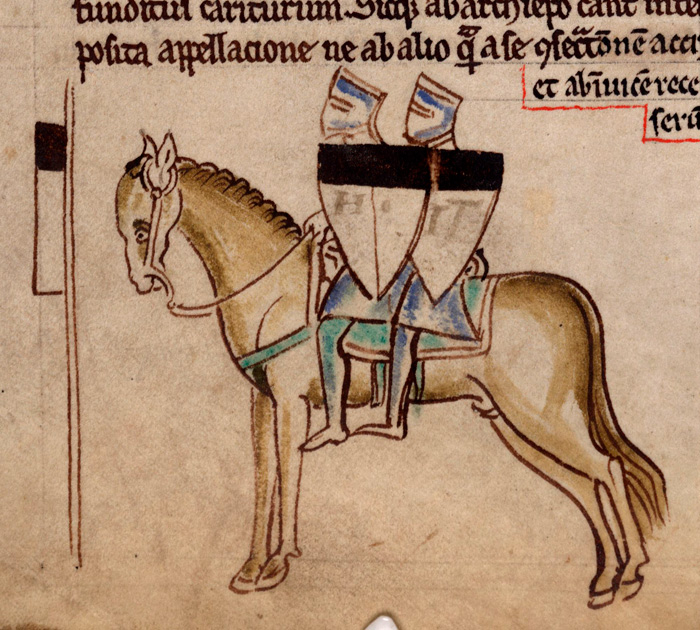 Прапор тамплієрів і двоє лицарів, що сидять на одному коні. Мініатюра з хроніки Матвія Паризького